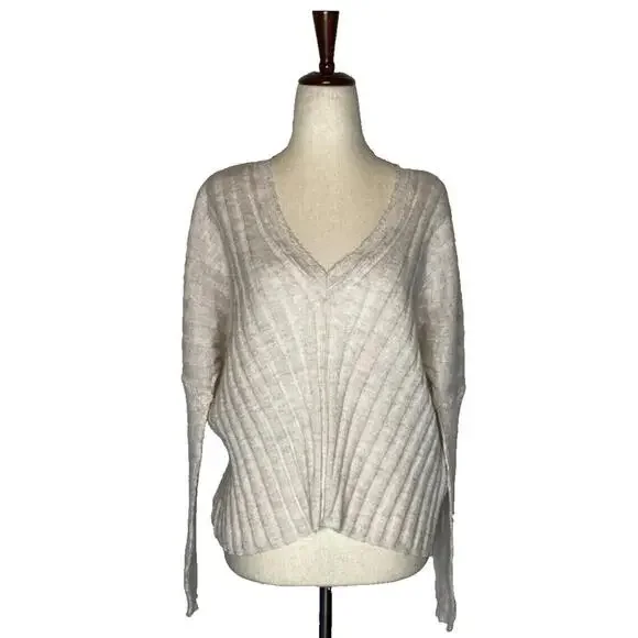Anthropologie Pilcro V Neck Boxy Rib Sweater Long Sleeve Ivory Boho Size S NWT - Picture 4 of 9